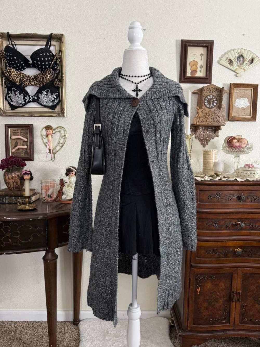 90s girly grunge fairy whimsical cozy grey flare sleeve long open front cardigan